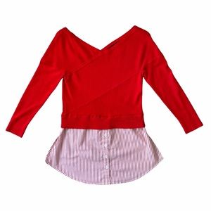 New York & Company Off Shoulder V-Neck Red Sweater with Pinstripe Hem XS